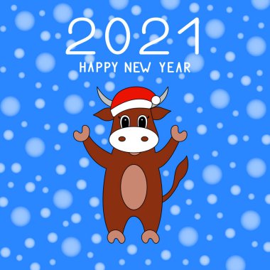 Noel Baba şapkalı komik boğa. Yeni yıl kartı. Vektör illüstrasyonu.