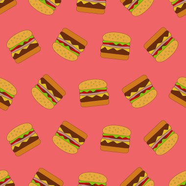 Hamburger. Fast food. Kusursuz desen. Vektör illüstrasyonu.