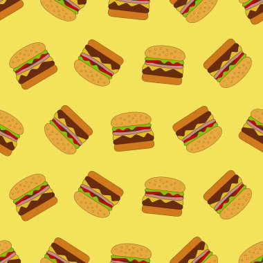 Hamburger. Fast food. Kusursuz desen. Vektör illüstrasyonu.