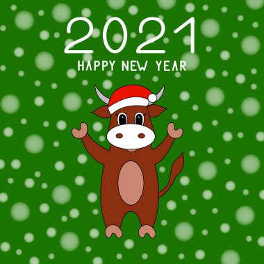 Noel Baba şapkalı komik boğa. Yeni yıl kartı. Vektör illüstrasyonu.