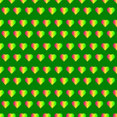 Yeşil arka planda rengarenk kalpleri olan kusursuz bir desen. Vektör illüstrasyonu.
