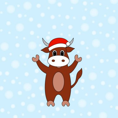Noel Baba şapkalı komik boğa. Yeni yıl kartı. Vektör illüstrasyonu.