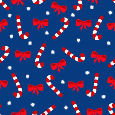 Şekerli baston ve yay düğümlü kusursuz desen. Vektör illüstrasyonu.