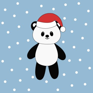 Noel Baba şapkalı şirin panda. Vektör çizimi. Noel kartı..