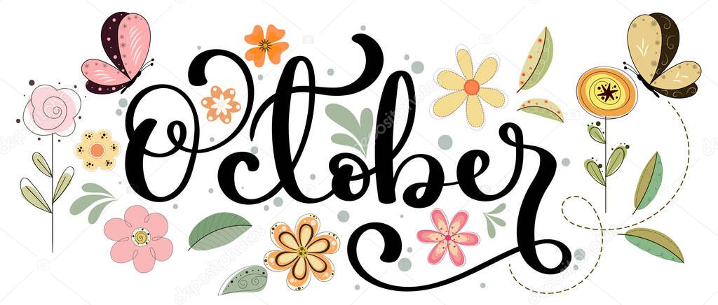  Hello October. OCTOBER month vector decoration with flowers, butterflies and leaves. Illustration month October