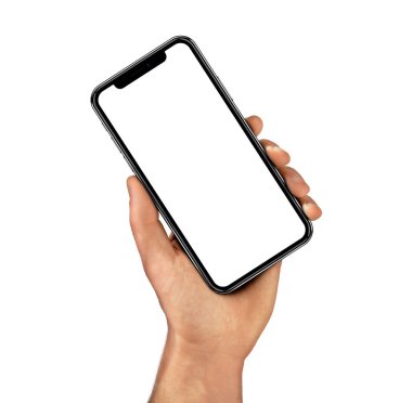 Boş ekran ve modern çerçeve ile siyah smartphone daha az tasarım - beyaz arka plan üzerinde izole tutan adam el