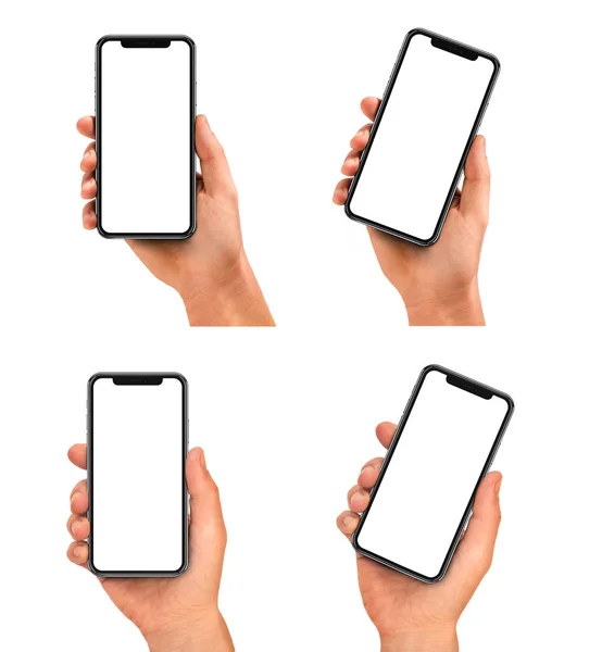 Boş ekran ve modern çerçeve ile siyah smartphone daha az tasarım - beyaz arka plan üzerinde izole tutan adam el