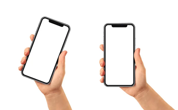 Boş ekran ve modern çerçeve ile siyah smartphone daha az tasarım - beyaz arka plan üzerinde dikey ve eğik konum izole tutan kadın el