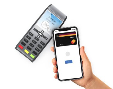 Çerçevesiz tasarımıyla - beyaz arka plan üzerinde izole bir akıllı telefon ile mobil ödeme yapma