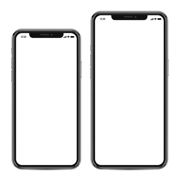 Smartphone Frameless Lado Lado Vista Perspectiva Pantalla Blanco Aislado Vector — Archivo Imágenes Vectoriales