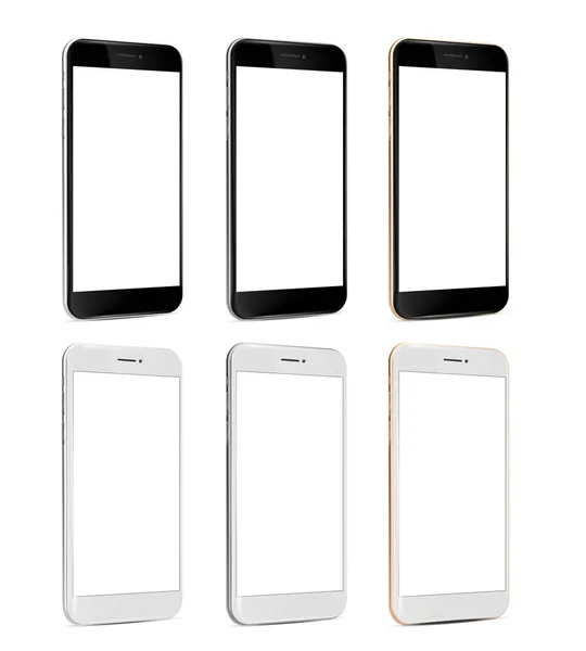 Smartphones Frameless Lado Lado Vista Perspectiva Pantalla Blanco Aislado Vector — Vector de stock