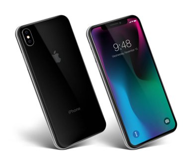 Krakov, Polonya - 02 Kasım 2018: Yeni iphone Xs siyah görünümü belirli bir açıyla. Elma serbest bırakmak yeni iphone Xs. en yüksek kaliteli vektör eps 10 çizim