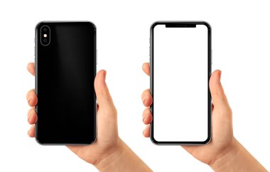 Smartphone içinde kadın eli boş perde. Arka ve ön