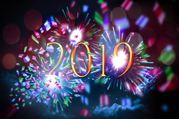 2019 Text Background Fireworks Confetti Sparks Starry Sky Clouds New — Stock Photo, Image