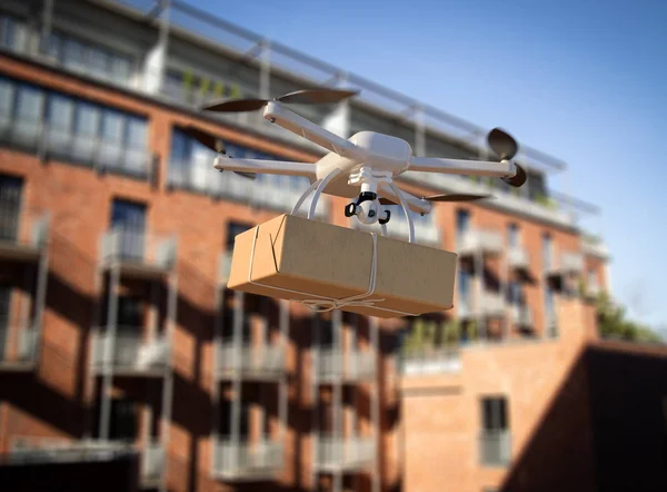 The drone is flying with to the customer - city, urban scenery concept - Stock Image -