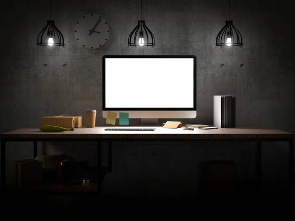 Computer Blank Screen Table Industrial Loft Room — Stock Photo, Image