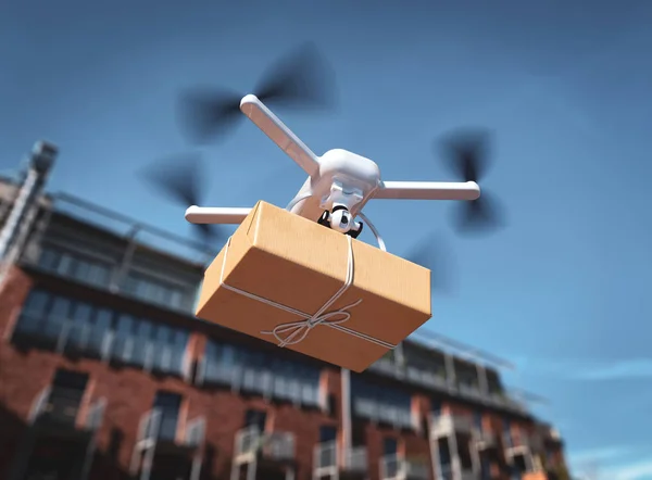 The drone is flying with the parcel to the customer - city, urban scenery concept