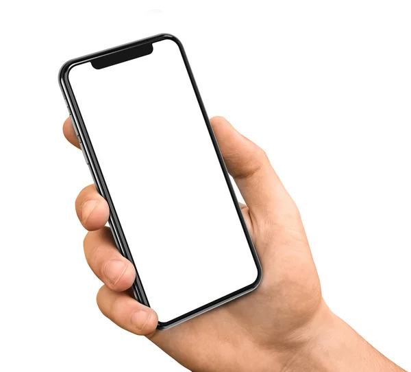 Mão Homem Segurando Smartphone Preto Com Grande Tela Branco Moldura — Fotografia de Stock
