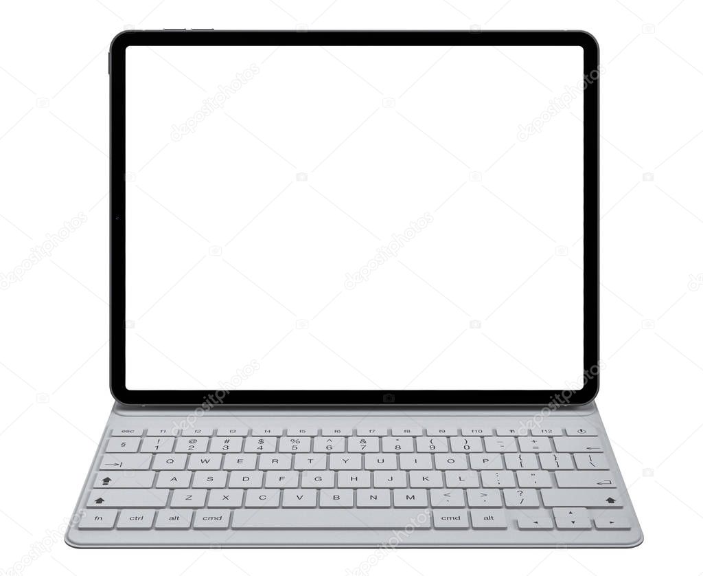 Tablet with keyboard case with blank screen template - isolated on white background