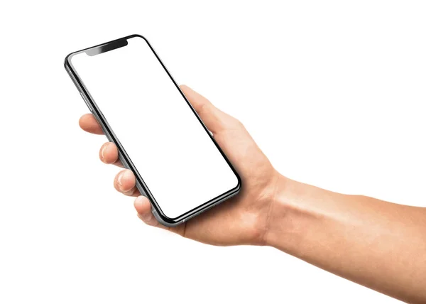 Man Hand Holding Black Smartphone Blank Screen Modern Frame Less — Stock Photo, Image