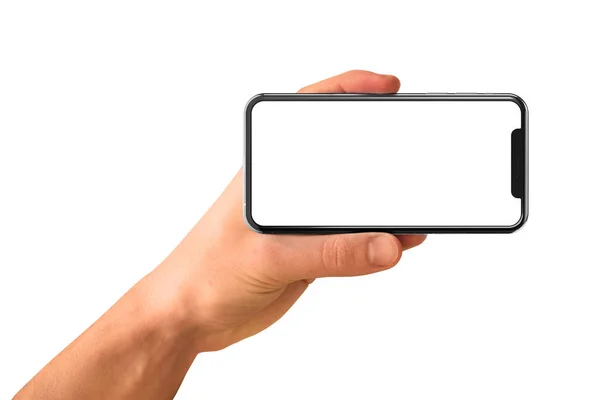 人手拿着黑色智能手机与空白屏幕水平和现代框架没有设计 隔离在白色背景 — 图库照片