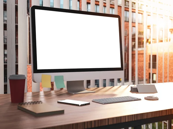 Ordenador Con Pantalla Blanco Con Teclado Escritorio Interior Del Edificio —  Fotos de Stock