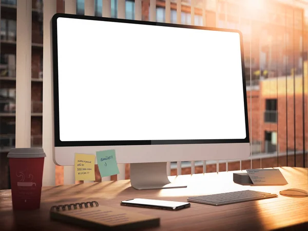 Computador Com Tela Branco Com Teclado Mesa Interior Prédio Escritórios — Fotografia de Stock