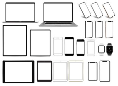 Dizüstü smartphone tablet cihazlar beyaz arka plan üzerinde izole pro smartwatch kümesi. Yüksek detaylı vektörel çizimler