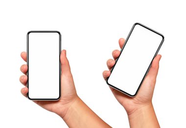 Kadın el ile boş ekran siyah smartphone ve modern çerçeve daha az tutarak tasarım iki pozisyon açılı ve dikey - beyaz arka plan üzerinde izole