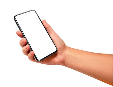 Pozisyon - beyaz arka plan üzerinde izole kadın el Siyah smartphone boş ekran ve modern çerçeve ile daha az tasarım tutarak açılı