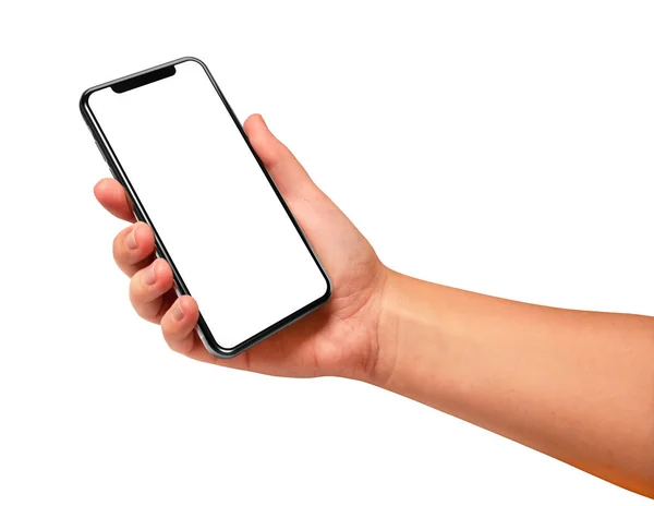 Pozisyon - beyaz arka plan üzerinde izole kadın el Siyah smartphone boş ekran ve modern çerçeve ile daha az tasarım tutarak açılı