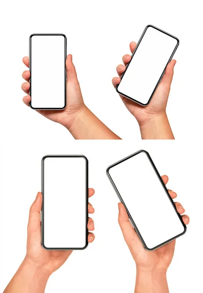 男人和女人手拿着黑色的智能手机与空白屏幕和现代框架少设计两个位置角度和垂直 隔离在白色背景 — 图库照片