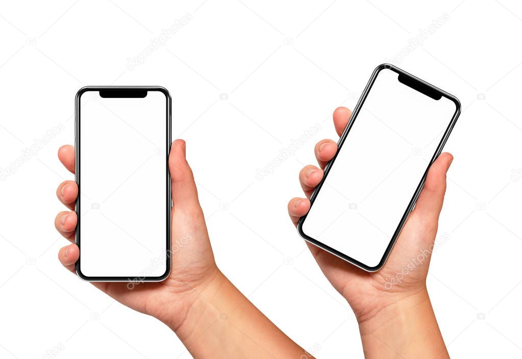 Woman hand holding the black smartphone with blank screen and modern frame less design two positions angled and vertical - isolated on white background