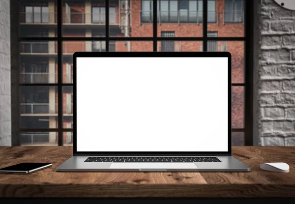 Laptop Office Interior Blank Screen Mockup Template — Stock Photo, Image