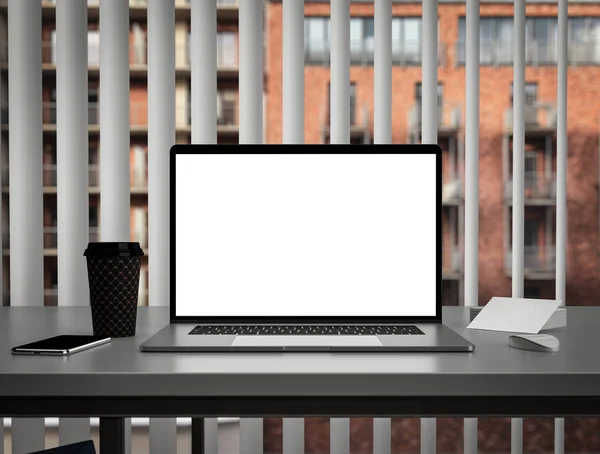 Laptop Office Interieur Leeg Scherm Mockup Sjabloon — Stockfoto