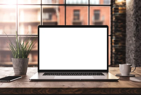 Laptop Met Blanco Scherm Mockup Sjabloon Tabel Industriële Oude Fabriek — Stockfoto