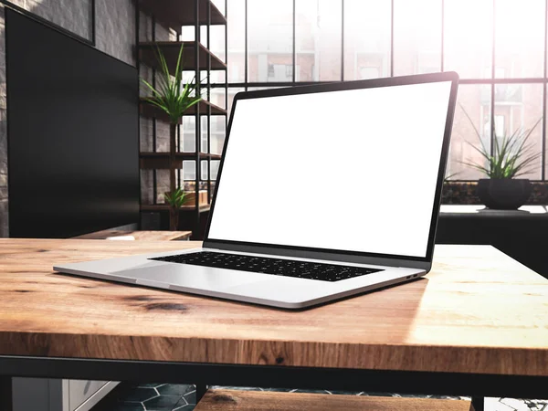 Laptop Blank Screen Mockup Template Table Industrial Old Factory Loft — Stock Photo, Image