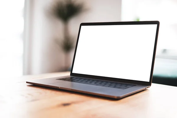 Laptop Blank Screen Mockup Template Table Industrial Old Factory Loft — Stock Photo, Image