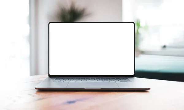 Laptop Blank Screen Mockup Template Table Industrial Old Factory Loft — Stock Photo, Image