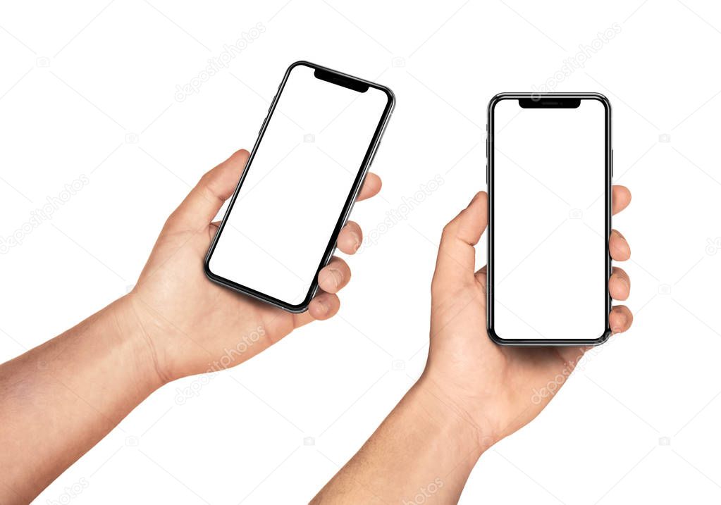 Man hand holding the black smartphone set with blank screen and modern frame less design - isolated on white background