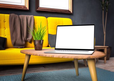 Masasında boş ekran olan modern dizüstü bilgisayar