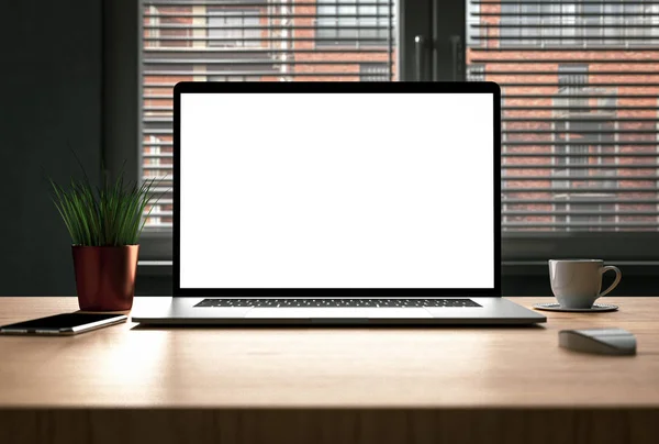 Laptop Moderno Com Tela Branco Mesa — Fotografia de Stock