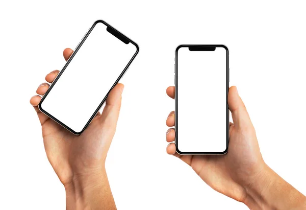 Mockup Smartphone Com Tela Branco Mão Humana — Fotografia de Stock