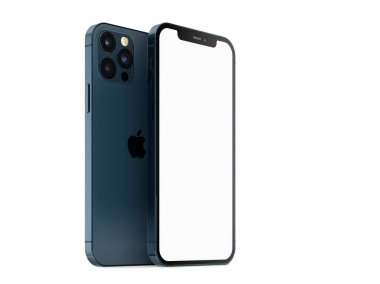 Yepyeni bir Pasifik mavisi iPhone 12 Pro Max, önden ve arkadan yakın çekim