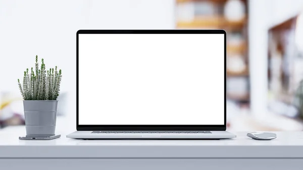 Laptop Prázdný Displej Dřevěném Stole Myší Smartphone Šálek Kávy Vřesoviště — Stock fotografie