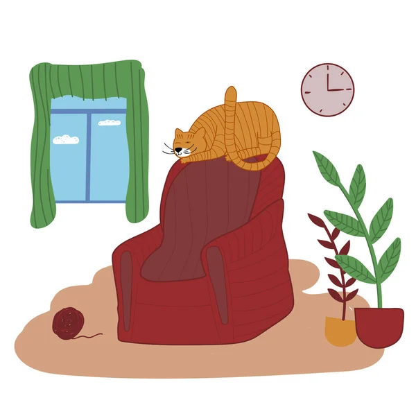Intérieur confortable du salon avec un chat roux assis sur un fauteuil et un pouf, des plantes d'intérieur poussant dans des pots et des articles d'intérieur. Illustration vectorielle dessinée à la main . — Image vectorielle