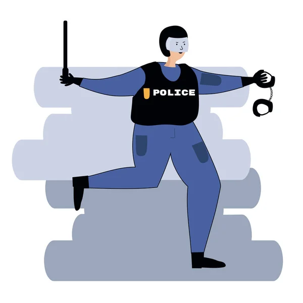 一个怒气冲冲的警察用警棍跟踪。矢量插画在平面风格。白色背景上的孤立的插图。穿着防弹背心跑步的警察. — 图库矢量图片