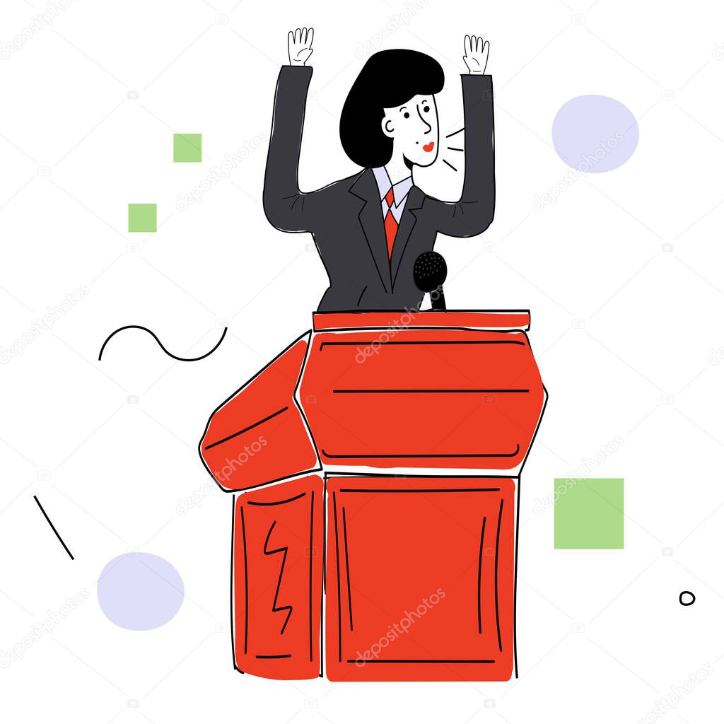 A female politician in a business suit behind the podium makes a speech. Vector illustration with contour in hand drawn style. Cartoon picture