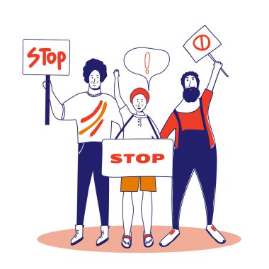 İtiraz ediyorum. Üç erkek eylemci posterleri tutuyor. Boşlukları olan insanlar. Pankartlı bir grup genç adam geçit törenine, greve katılıyor. Sosyal aktivizm... vektör illüstrasyonu, mavi çizgi, in