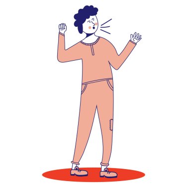 Kızgın Adam çığlık atıyor. Adam bağırıyor. Bir adam birini arıyor. Vektör illüstrasyonu, çizgi film tarzında